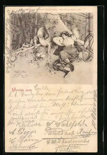 Lithographie Zwerg und schlafende Dame im Wald