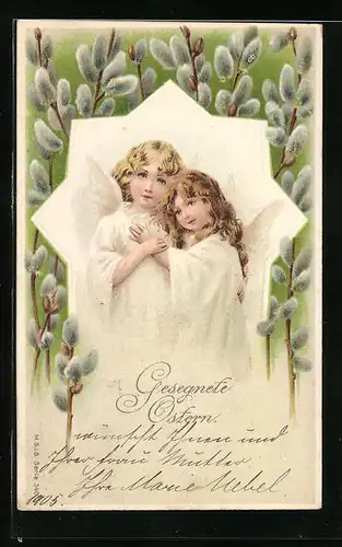 Präge-AK Osterengel mit Palmkätzchen