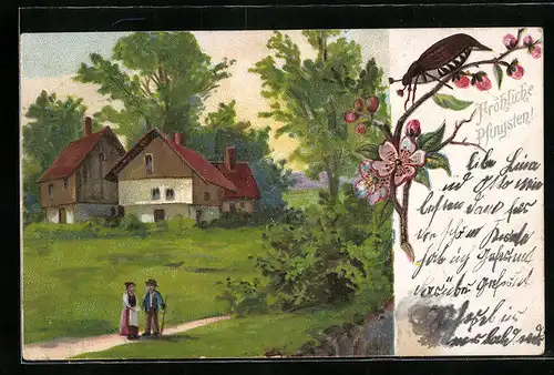 Lithographie Paar in Frühlingsidylle, Maikäfer auf Blütenzweig, Pfingstgruss