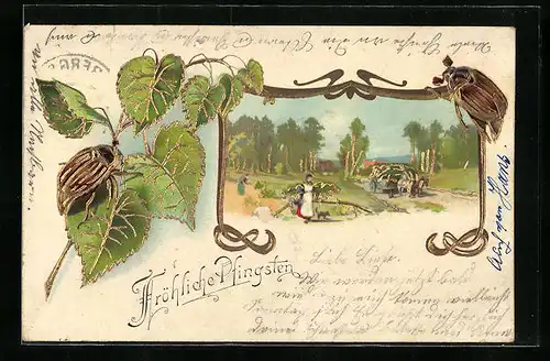 Passepartout-Lithographie Frühlingsbild mit Pferdewagen, Maikäfer auf Blatt und Bildrand, Pfingstgruss