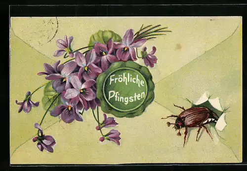Präge-AK Maikäfer krabbelt aus Briefkuvert, Blumen, Pfingstgruss