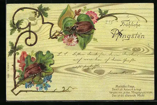 Lithographie Maikäfer auf Blättern, Pfingstgruss