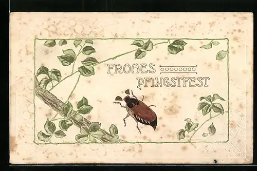 Präge-AK Maikäfer und Ast mit Blättern, Pfingstgruss