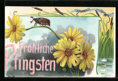 Künstler-AK Ein Maikäfer auf gelben Blumen, See mit Libellen, Pfingstgruss