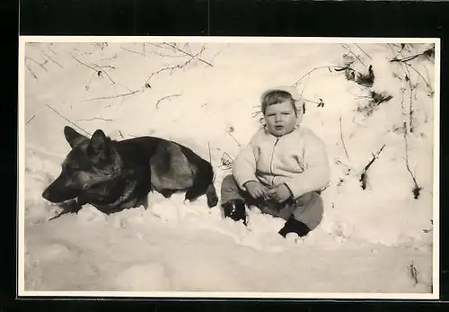 Foto-AK Kleines Kind mit Schäferhund im Schnee
