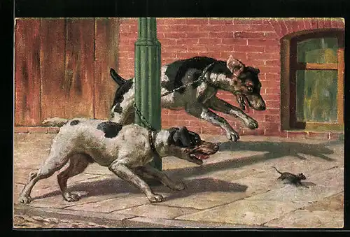 Künstler-AK Zwei mit Kette verbundene Hunde stürzen sich auf eine Maus