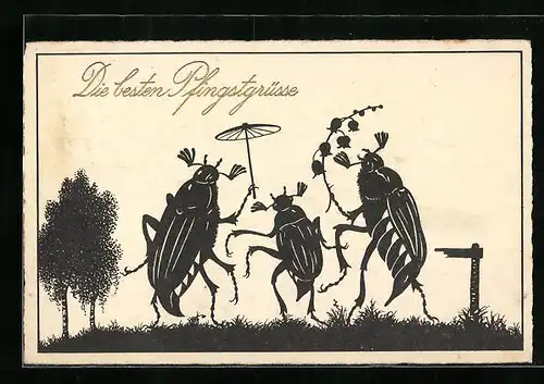 Künstler-AK Drei Maikäfer feiern den Frühling, Scherenschnitt, Pfingstgruss