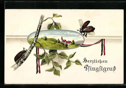 Passepartout-AK Zwei Maikäfer an Birke und Frühlings-Idylle, Pfingstgruss