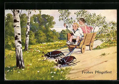 Künstler-AK Kinder im Bollerwagen lassen sich von Maikäfern ziehen, Pfingstgruss