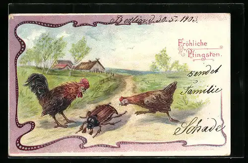 Lithographie Zwei Hühner jagen einen Maikäfer, Pfingstgruss
