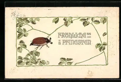 Präge-AK Maikäfer und Zweig mit Blättern, Pfingstgruss