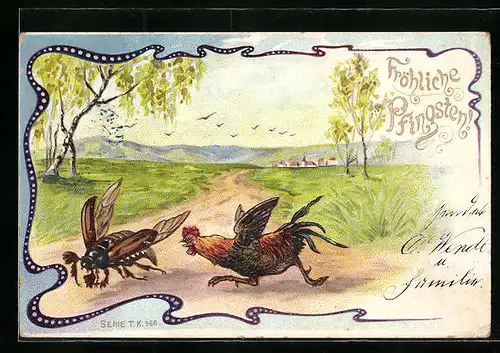 Lithographie Maikäfer wird von einem Huhn gejagt, Pfingstgruss