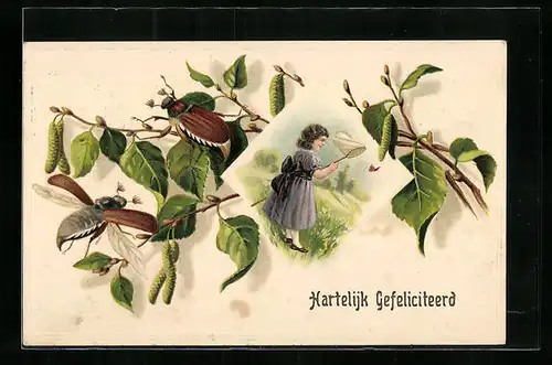 Künstler-AK Mädchen mit Schmetterlingsnetz und Maikäfer auf Birkenzweigen, Glückwunschkarte