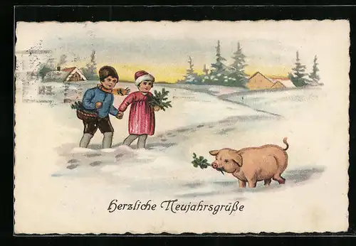 Künstler-AK Kinder und Glücksschwein im Schnee, Neujahrsgruss