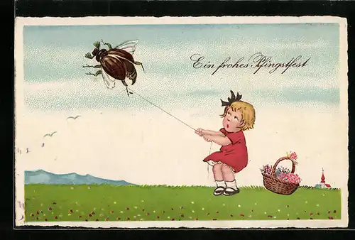 Künstler-AK Kleines Mädchen versucht fliegenden Maikäfer festzuhalten, Pfingstgruss