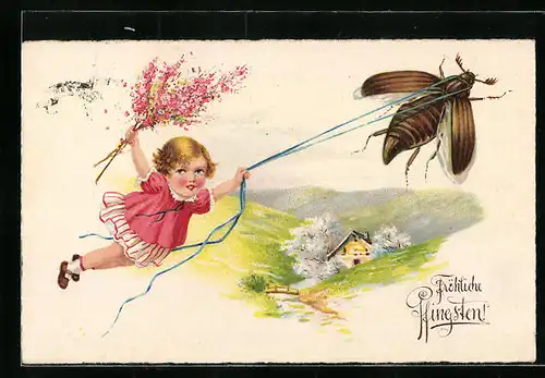 Künstler-AK Kleines Mädchen fliegt mit Maikäfer an Leine durch die Luft, Pfingstgruss