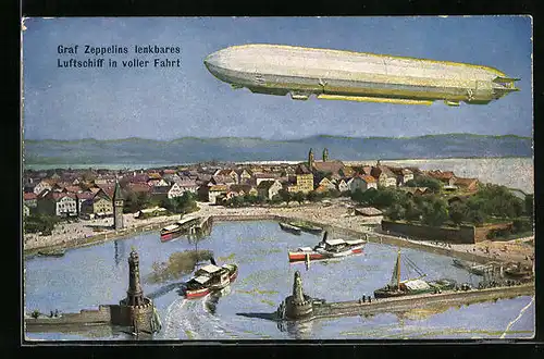 Künstler-AK Lindau i. B., Graf Zeppelins lenkbares Luftschiff in voller Fahrt