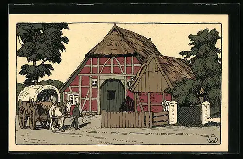 Steindruck-AK Bauernhaus mit Planwagen in Schleswig-Holstein