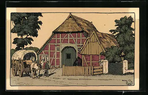 Steindruck-AK Bauernhaus mit Planwagen in Schleswig-Holstein