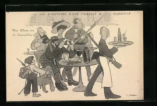 Künstler-AK sign. I. Cassan: Marseille, Les Aventures d`une Tigresse, Une Alerte sur la Cannebière, Sage