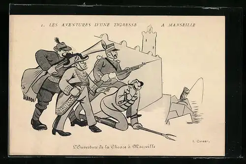 Künstler-AK sign. I. Cassan: Marseille, Les Aventures d`une Tigresse, L`Ouverture de la Chasse, Sage