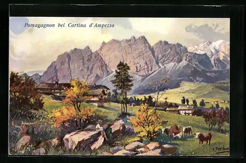 Künstler-AK Hans Treiber: Cortina d`Ampezzo, Pomagagnon
