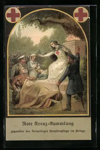 Künstler-AK Sammlung Rotes Kreuz für freiwillige Krankenpflege im Kriege - Verwundete, Schwester auf Denkmals-Sockel