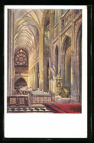 Künstler-AK Fr. X. Margold: Velechrám Sv. Vita v Praze, Pohled z presbytare k západu