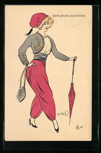 Künstler-AK sign. Giris: Elegante Dame in roten Hosen mit rotem Stockschirm
