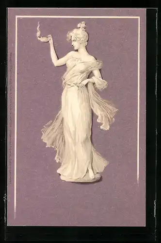 Künstler-AK M. S. M.: Junge Dame im antiken Gewand leuchtet mit einer Öllampe, violetter Hintergrund