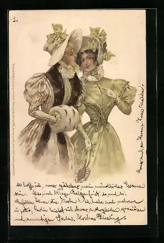Künstler-AK M. S. M.: Zwei elegante Damen mit Hüten im Gespräch