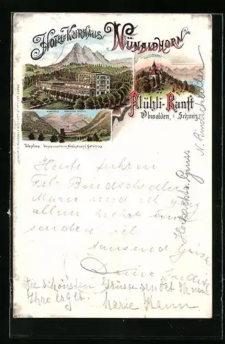 Lithographie Flühli-Ranft, Hotel-Kurhaus Nünalphorn, Gebirgslandschaft