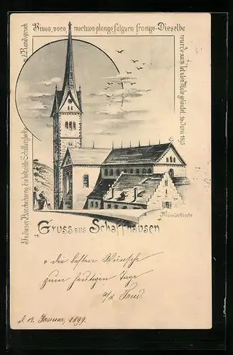 Lithographie Schaffhausen, Ansicht der Kirche mit der bekannten Schillerglocke