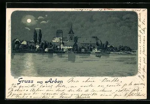 Lithographie Arbon, Teilansicht im Mondschein