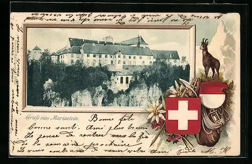 Passepartout-Lithographie Mariastein, Ansicht des Klosters an der Felsklippe, Wappen mit Gämse
