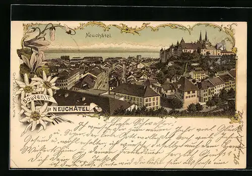 Lithographie Neuchatel, Totalansicht aus der Vogelschau