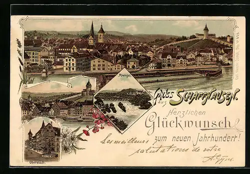 Lithographie Schaffhausen, Totalansicht, Oberstadt und Rheinfall