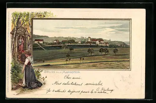 Passepartout-Lithographie Mariastein, Klosteransicht aus weiter Ferne, Waldandacht