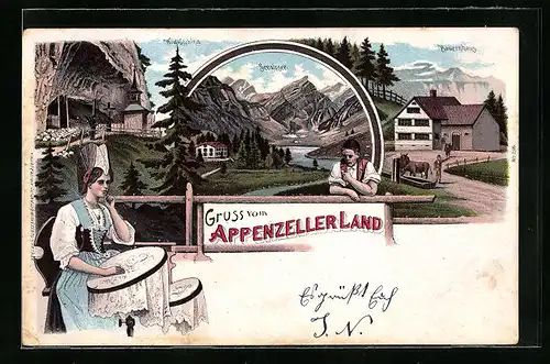 Lithographie Appenzell, Waldkirchlein, Seealpsee, Bauernhaus