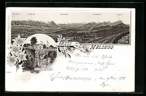 Lithographie Meldegg, Gasthaus Meldegg, Panorama mit Scesaplana und Säntis