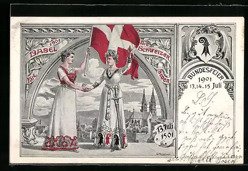 Lithographie Basel, Bundesfeier 1901, Helvetia mit Flagge