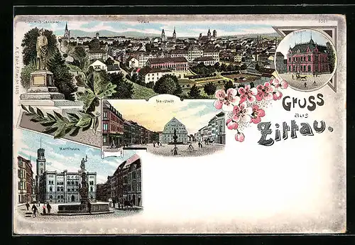 Lithographie Zittau, Totalansicht mit Neustadt und Marktplatz