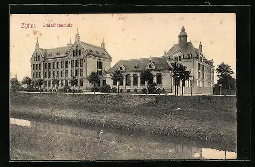 AK Zittau, Schliebenschule mit Uferpartie