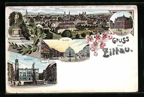 Lithographie Zittau, Totalansicht mit Marktplatz