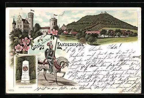 Lithographie Görlitz, Landeskrone mit Körner Denkmal