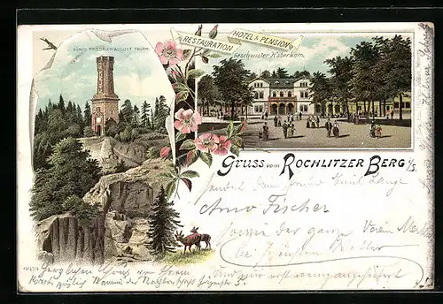 Lithographie Rochlitz, Hotel Geschw. Haberkorn, König Friedrich August Thurm mit naher Umgebung