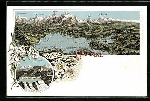 Lithographie Friedrichshafen a. B., Gesamtansicht des Bodensees mit Alpenlandschaft