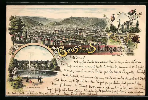 Lithographie Stuttgart, Gesamtansicht aus der Vogelschau und K. Residenzschloss