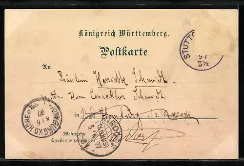Lithographie Stuttgart, Gesamtansicht aus der Vogelschau und K. Residenzschloss