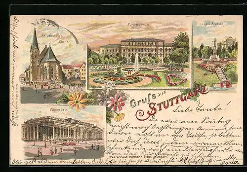 Lithographie Stuttgart, Polytechnikum, Eugens Brunnen, St. Leonhards Kirche, Königsbau